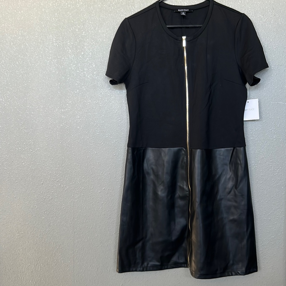 NWT ELLEN TRACY Black Short Sleeve Zipper Dress With Faux Leather Size Large
